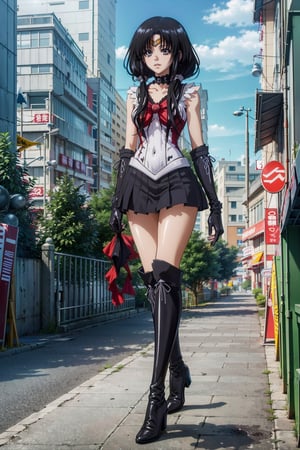 highly detailed, high quality, masterpiece, beautiful (full shot), 1 girl, alone, Kurumi Tokisaki from Date a Live (open eyes, black right eye, yellow left eye, black hair, hair in pigtails, Sailor Moon anime appearance , sailor moon uniform, red suit, red dress, red outfit, black corset, slim body, high black boots, leather boots, long black gloves, shiny leather boots, full body, walking from the front, day city, sunny day , clear city, on top of a building, buildings in the background, Kurumi_Tokisaki,sailor saturn,aakurumi, long hair,EPsmSailorSaturn, twintails,serena tsukino,mer1