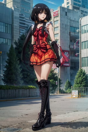 highly detailed, high quality, masterpiece, beautiful (full shot), 1 girl, alone, Kurumi Tokisaki from Date a Live (open eyes, black right eye, yellow left eye, black hair, hair in pigtails, Sailor Moon anime appearance , sailor moon uniform, red suit, red dress, red outfit, black corset, slim body, high black boots, leather boots, long black gloves, shiny leather boots, full body, walking from the front, day city, sunny day , clear city, on top of a building, buildings in the background, Kurumi_Tokisaki,sailor saturn,aakurumi, long hair,EPsmSailorSaturn, twintails,serena tsukino