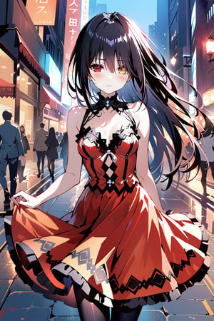 Highly detailed, High Quality, Masterpiece, Beautiful, (
whole shot), 1girl, solo, Kurumi from Date A Live, open eyes, right eye red, left eye yellow, black hair, red dress, black boots, city at night, in the middle of a street, walking,READ DESCRIPTION,more detail XL