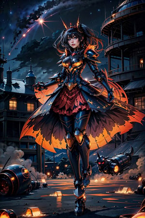 highly detailed, high quality, masterpiece, beautiful (full shot), 1 girl, alone, Kurumi Tokisaki from Date a Live (open eyes, red right eye, yellow left eye, black hair, hair in pigtails, slim body, full body , red armor, black limbs, flying head-on, flying in the sky, at night, starry night, planets, best quality,spartan,cyber_armor,tokisaki_kurumi,Arcadia armor,wsprmr