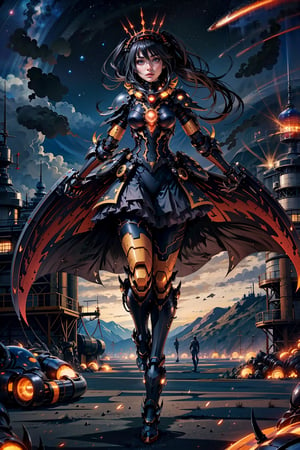 highly detailed, high quality, masterpiece, beautiful (full shot), 1 girl, alone, Kurumi Tokisaki from Date a Live (open eyes, red right eye, yellow left eye, black hair, hair in pigtails, slim body, full body , red armor, black limbs, flying head-on, flying in the sky, at night, starry night, planets, best quality,spartan,cyber_armor,tokisaki_kurumi,Arcadia armor,wsprmr