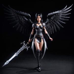 dark valkyrie, black hair, black angel wings, full body shot, sword, photo realistic, high_res, 8k, beautiful face,photorealistic