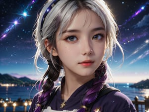 masterpiece, best quality, stars in the eyes,dishevelled hair,Starry sky adorns hair,1 girl,sparkling anime eyes,beautiful detailed eyes, beautiful detailed stars,blighting stars,emerging dark purple across with white hair,multicolored hair,beautiful detailed eyes,beautiful detailed sky, beautiful detailed water, cinematic lighting, dramatic angle, realistic, high_res, 8k, cannon, camera,LinkGirl