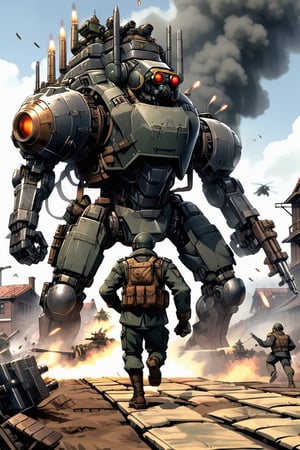 (1 man in foreground facing camera), metal slug mech in background, men running in background, bomber jacket, goggles, rolling hills, marching army, explosion, mecha, metalslug, photo realistic, canon EOS, ((DieselPunkAI)), gritty, grim, dark, ,Cyber Warrior, ((propaganda poster))