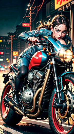 Black caferacer motorcycle driving high speed through the city (speeding), (slow motion: 1.3), (motion blur: 1.3), (speed line: 1.4), sense of speed, hot Lara croft from tomb raider, beauty korean girl, big breasts,glow eyes, denim short, sparks and tire smoke, cityscape background, camera on ground, high quality, high resolution, realistic details,Enhance,More Detail,nsfw,