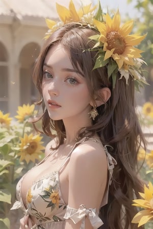  A beautiful woman. Sunflower field. Best Quality, Crazy Details and Sharp Focus, Masterpiece, Professional, Award Winning, Fine Detail, High Detail, UHD, 64k, Soft Look,flwrdrss