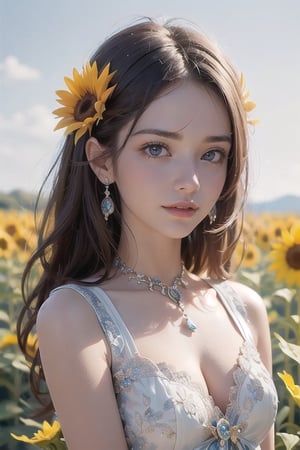  A beautiful woman. Sunflower field. Best Quality, Crazy Details and Sharp Focus, Masterpiece, Professional, Award Winning, Fine Detail, High Detail, UHD, 64k, Soft Look