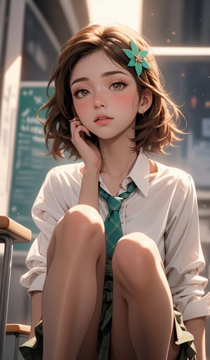 score_9, score_8_up, score_8, (((solo))),(((1 girl))), beautiful, realistic, extremely detailed skin, masterpiece, best quality, extremely detailed face, vibrant colors, depth of field, cinematic lighting,, 1girl, solo, brown eyes, brown hair, hair ornament,short hair,green plaid skirt,blush, white unbuttoned shirt, long school tie,Masterpiece Top Quality High Resolution、Sititting、beauty legs 、in a school、As if looking up from below、Ashamed,nsfw,white panty,midjourney,1 girl