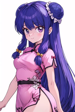 1girl, solo, long hair, breasts, looking at viewer, smile, bangs, hair ornament, dress, bow, medium breasts, closed mouth, purple eyes, purple hair, short sleeves, hair bow, sidelocks, cowboy shot, hair bun, from side, bell, double bun, chinese clothes, light pink dress, china dress, side slit, hair bell, shampoo \(ranma 1/2\), Ultra-high texture quality, firm thighs, ultra-detailed, intricate details, absurd detailed, perfect face, beautiful face, perfect eyes, beautiful eyes, expression in the eyes, highly detailed, finely detailed, perfect anatomy, (best quality),(masterpiece), (high resolution), original, perfect hand, beautyful, hand,shanpuuranma