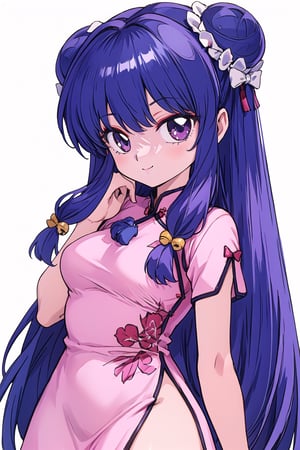 1girl, solo, long hair, breasts, looking at viewer, smile, bangs, hair ornament, dress, bow, medium breasts, closed mouth, purple eyes, purple hair, short sleeves, hair bow, sidelocks, cowboy shot, hair bun, from side, bell, double bun, chinese clothes, light pink dress, china dress, side slit, hair bell, shampoo \(ranma 1/2\), Ultra-high texture quality, firm thighs, ultra-detailed, intricate details, absurd detailed, perfect face, beautiful face, perfect eyes, beautiful eyes, expression in the eyes, highly detailed, finely detailed, perfect anatomy, (best quality),(masterpiece), (high resolution), original, perfect hand, beautyful, hand,shanpuuranma