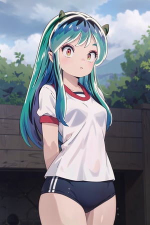 1girl, long hair, white shirt, outdoors, green hair, horns, sky, day, cloud, arms behind back, eyeshadow, gym uniform, oni horns, bloomers short, oni, blue bloomers, lum, Ultra-high texture quality, firm thighs, ultra-detailed, intricate details, absurd detailed, perfect face, beautiful face, perfect eyes, beautiful eyes, expression in the eyes, highly detailed, finely detailed, perfect anatomy, (best quality),(masterpiece), (high resolution), original, perfect hand, beautyful, hand,