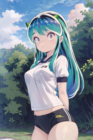 1girl, long hair, white shirt, outdoors, green hair, horns, sky, day, cloud, arms behind back, eyeshadow, gym uniform, oni horns, bloomer, oni, blue bloomer, lum, Ultra-high texture quality, firm thighs, ultra-detailed, intricate details, absurd detailed, perfect face, beautiful face, perfect eyes, beautiful eyes, expression in the eyes, highly detailed, finely detailed, perfect anatomy, (best quality),(masterpiece), (high resolution), original, perfect hand, beautyful, hand,