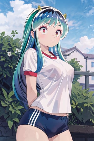 1girl, long hair, white t-shirt, outdoors, green hair, horns, sky, day, cloud, arms behind back, eyeshadow, gym uniform, oni horns, bloomer short, oni, navy blue bloomer, lum, Ultra-high texture quality, firm thighs, ultra-detailed, intricate details, absurd detailed, perfect face, beautiful face, perfect eyes, beautiful eyes, expression in the eyes, highly detailed, finely detailed, perfect anatomy, (best quality),(masterpiece), (high resolution), original, perfect hand, beautyful, hand,