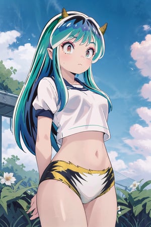 1girl, long hair, white shirt, outdoors, green hair, horns, sky, day, cloud, arms behind back, eyeshadow, gym uniform, oni horns, bloomers, oni, blue bloomers, lum, Ultra-high texture quality, firm thighs, ultra-detailed, intricate details, absurd detailed, perfect face, beautiful face, perfect eyes, beautiful eyes, expression in the eyes, highly detailed, finely detailed, perfect anatomy, (best quality),(masterpiece), (high resolution), original, perfect hand, beautyful, hand,