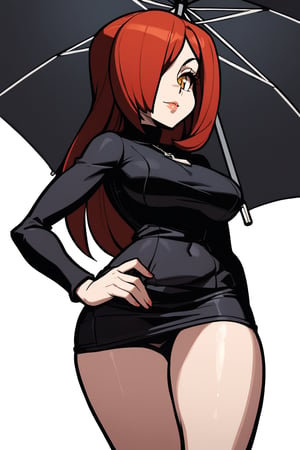 1girl, Parasoul, skullgirls, solo, long hair, breasts, looking at viewer, skirt, large breasts, simple background, long sleeves, dress, bare legs, jewelry, yellow eyes, red hair, cowboy shot, grey background, necklace, hair over one eye, sweater, hand on hip, turtleneck, umbrella, cross, holding umbrella, inverted cross, black umbrella, break, Ultra-high texture quality, breasts, huge ass, firm thighs, ultra-detailed, intricate details, absurd detailed, perfect face, beautiful face, perfect eyes, beautiful eyes, expression in the eyes, highly detailed, finely detailed, perfect anatomy, (best quality),(masterpiece), (high resolution), original, perfect hand, beautyful ,hand,