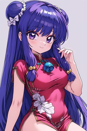 1girl, solo, long hair, breasts, looking at viewer, smile, bangs, hair ornament, dress, bow, medium breasts, closed mouth, purple eyes, purple hair, short sleeves, hair bow, sidelocks, cowboy shot, hair bun, from side, bell, double bun, chinese clothes, light pink dress, china dress, side slit, hair bell, shampoo \(ranma 1/2\), Ultra-high texture quality, firm thighs, ultra-detailed, intricate details, absurd detailed, perfect face, beautiful face, perfect eyes, beautiful eyes, expression in the eyes, highly detailed, finely detailed, perfect anatomy, (best quality),(masterpiece), (high resolution), original, perfect hand, beautyful, hand,shanpuuranma