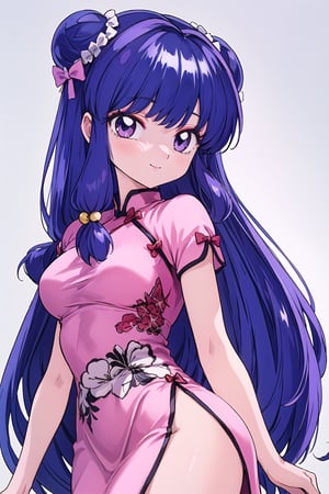 1girl, solo, long hair, breasts, looking at viewer, smile, bangs, hair ornament, dress, bow, medium breasts, closed mouth, purple eyes, purple hair, short sleeves, hair bow, sidelocks, cowboy shot, hair bun, from side, bell, double bun, chinese clothes, light pink dress, china dress, side slit, hair bell, shampoo \(ranma 1/2\), Ultra-high texture quality, firm thighs, ultra-detailed, intricate details, absurd detailed, perfect face, beautiful face, perfect eyes, beautiful eyes, expression in the eyes, highly detailed, finely detailed, perfect anatomy, (best quality),(masterpiece), (high resolution), original, perfect hand, beautyful, hand,shanpuuranma