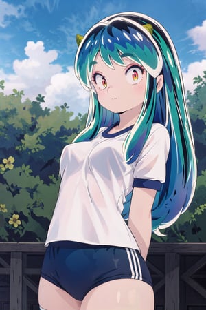 1girl, long hair, white t-shirt, outdoors, green hair, horns, sky, day, cloud, arms behind back, eyeshadow, gym uniform, oni horns, bloomer short, oni, navy blue bloomer, lum, Ultra-high texture quality, firm thighs, ultra-detailed, intricate details, absurd detailed, perfect face, beautiful face, perfect eyes, beautiful eyes, expression in the eyes, highly detailed, finely detailed, perfect anatomy, (best quality),(masterpiece), (high resolution), original, perfect hand, beautyful, hand,