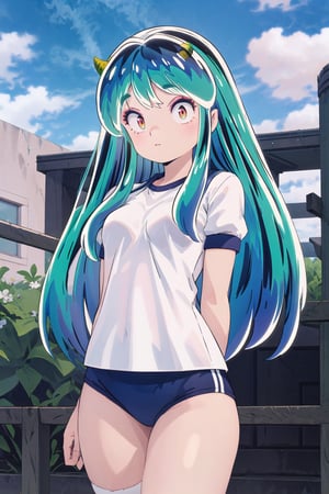 1girl, long hair, white t-shirt, outdoors, green hair, horns, sky, day, cloud, arms behind back, eyeshadow, gym uniform, oni horns, bloomer short, oni, navy blue bloomer, lum, Ultra-high texture quality, firm thighs, ultra-detailed, intricate details, absurd detailed, perfect face, beautiful face, perfect eyes, beautiful eyes, expression in the eyes, highly detailed, finely detailed, perfect anatomy, (best quality),(masterpiece), (high resolution), original, perfect hand, beautyful, hand,