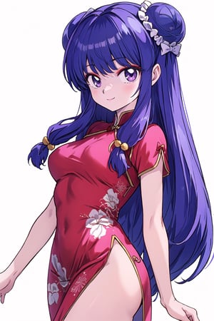 1girl, solo, long hair, breasts, looking at viewer, smile, bangs, hair ornament, dress, bow, medium breasts, closed mouth, purple eyes, purple hair, short sleeves, hair bow, sidelocks, cowboy shot, hair bun, from side, bell, double bun, chinese clothes, pale pink dress, china dress, side slit, hair bell, shampoo \(ranma 1/2\), Ultra-high texture quality, firm thighs, ultra-detailed, intricate details, absurd detailed, perfect face, beautiful face, perfect eyes, beautiful eyes, expression in the eyes, highly detailed, finely detailed, perfect anatomy, (best quality),(masterpiece), (high resolution), original, perfect hand, beautyful, hand,shanpuuranma