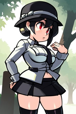 1girl, solo, breasts, skirt, black hair, red eyes, thighhighs, hat, school uniform, necktie, bag, tree, zettai ryouiki, alternate hairstyle, ultra-detailed, intricate details, absurd detailed, perfect face, beautiful face, perfect eyes, beautiful eyes, expression in the eyes, highly detailed, finely detailed, perfect anatomy, (best quality),(masterpiece), (high resolution), original, perfect hand, beautyful ,hand, Filia