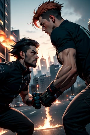 Close-up shot of two men standing face-to-face in the middle of a deserted street at dusk. One man's eyes glow with an intense orange flame, he have withe hair, his fists crackling with fiery energy as he prepares to strike. The other man, his eyes narrowed into a fierce determination, takes a step forward, his hands clenched into fists ready to retaliate. The cityscape looms behind them, a dark and ominous backdrop to their fiery confrontation.