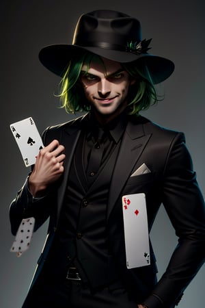 ((masterpiece))((high-quality))adam stark, green hair, villain smile, black suit, black hat, cards in his hands