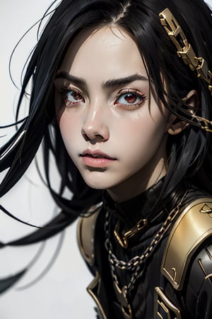 ((masterpiece))((high-quality))((Panoramic view))1woman, detailed_face, 18 years-old, black and long hair, red eyes, with chains before them, black suit with a golden emblem in the shoulder, chain caster