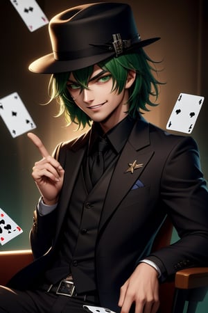 ((masterpiece))((high-quality))1man, 20 years old, black suit, black mafias hat, green hair, green and perfiled eyes, villain smile, cards in his hand