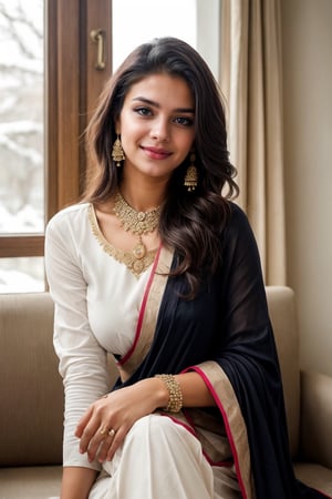 beautiful cute young attractive girl indian, teenage girl, village girl,18 year old,cute, instagram model,long black hair .A Pakistani girl in a beautiful white shalwar kameez sits gracefully in a luxurious hotel lobby, her chest slightly puffed out with confidence, adorned with elegant jewelry including dangling earrings, her beauty radiating in the surroundings, Photography, DSLR camera with a 50mm prime lens, aperture f/2.8, natural lighting, --ar 16:9 --v 5 and the warmth of her smile contrasting against the snowy landscape, indian hot ,little smiling, smooth face,Saree,