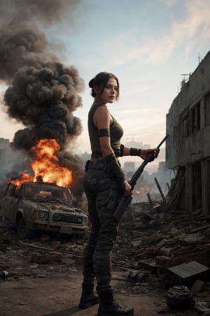 Illustrating Anna, a prominent character from PUBG Mobile, clad in battle gear, her attire adorned with camo patterns and tactical gear, set against a backdrop of a war-torn cityscape at dusk, with billowing smoke and crumbling buildings, conveying a sense of resilience and survival amidst adversity, Digital painting, utilizing a combination of bold brush strokes and fine detailing to evoke a gritty, cinematic atmosphere, --ar 16:9 --v 5