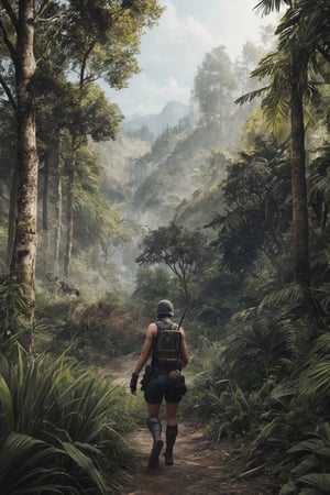 Craft a dynamic scene featuring Anna, a fierce protagonist from PUBG Mobile, donning an iconic outfit, standing amidst a lush jungle environment, with dense foliage and towering trees, hinting at the thrill of the hunt and the unpredictability of the wilderness, Infuse the image with a sense of tension and anticipation, as if Anna is poised for action, Digital illustration, employing vibrant colors and dynamic composition to convey a sense of adventure and exploration, --ar 16:9 --v 5