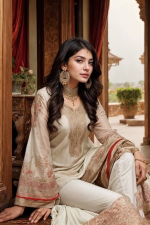 beautiful cute young attractive girl indian, teenage girl, village girl,18 year old,cute, instagram model,long black hair . Envision a Pakistani woman in an exquisite white shalwar kameez, lounging in a grand hotel foyer, the opulent surroundings reflecting her elegance, her demeanor suggesting sophistication as she wears fine jewelry and delicate earrings, Illustration, digital art with intricate detailing, capturing the richness of the setting, --ar 16:9 --v 5
