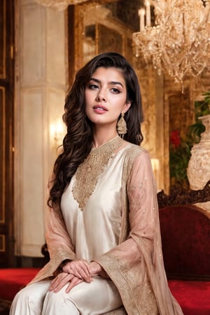 Picture a Pakistani woman dressed in a graceful white shalwar kameez, sitting serenely in a luxurious hotel lobby, her chest subtly accentuated, emanating confidence and poise, adorned with intricate jewelry and dangling earrings, Realistic digital painting, using high-resolution brushes to capture intricate details and textures, --ar 16:9 --v 5