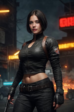 Rendering a lifelike image of Anna from PUBG Mobile, dressed in a vibrant costume with intricate details, showcasing her as a female character with a determined expression, amidst a futuristic urban battleground, where neon lights flicker amidst the chaos, capturing the essence of her fierce persona, Digital artwork, using advanced 3D rendering techniques for hyper-realistic textures and lighting effects, --ar 16:9 --v 5