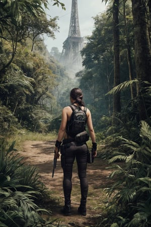 Craft a dynamic scene featuring Anna, a fierce protagonist from PUBG Mobile, donning an iconic outfit, standing amidst a lush jungle environment, with dense foliage and towering trees, hinting at the thrill of the hunt and the unpredictability of the wilderness, Infuse the image with a sense of tension and anticipation, as if Anna is poised for action, Digital illustration, employing vibrant colors and dynamic composition to convey a sense of adventure and exploration, --ar 16:9 --v 5