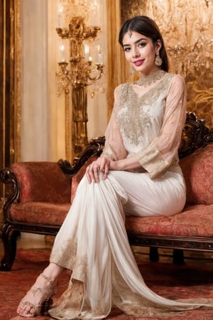 Imagine a Pakistani woman dressed in an alluring white shalwar kameez, reclining elegantly in a lavish hotel lobby, her chest subtly 40x emphasized, exuding grace and allure, adorned with intricate jewelry and elegant earrings, Hyper-realistic sculpture, crafted with lifelike precision using materials such as resin or silicone, capturing every detail of the subject, --ar 16:9 --v 5