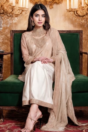 Imagine a Pakistani woman dressed in an alluring white shalwar kameez, reclining elegantly in a lavish hotel lobby, her chest subtly 40x emphasized, exuding grace and allure, adorned with intricate jewelry and elegant earrings, Hyper-realistic sculpture, crafted with lifelike precision using materials such as resin or silicone, capturing every detail of the subject, --ar 16:9 --v 5