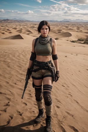 Create a captivating portrait of Anna, a resilient character from PUBG Mobile, wearing battle-worn attire, standing stoically in the aftermath of a desert skirmish, with sand dunes stretching into the horizon and a blazing sun casting long shadows, capturing her unwavering determination amidst the harsh desert environment, Realistic photography, shot with a telephoto lens to emphasize Anna's presence against the vast landscape, with careful attention to lighting and composition, --ar 16:9 --niji