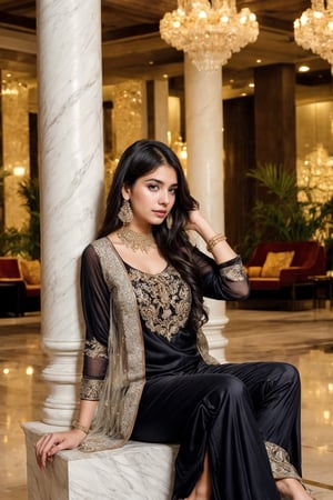 beautiful cute young attractive girl indian, teenage girl, village girl,18 year old,cute, instagram model,long black hair . Imagine a Pakistani girl donning a stunning white shalwar kameez, seated regally in a luxurious hotel lobby, her chest subtly accentuated, exuding confidence and grace, adorned with exquisite jewelry and dangling earrings that catch the light, Sculpture, crafted from marble, focusing on smooth curves and intricate ornamentation, --ar 16:9 --v 5