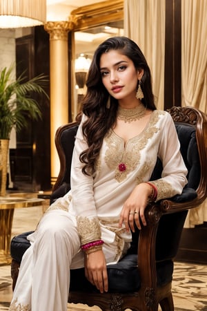 beautiful cute young attractive girl indian, teenage girl, village girl,18 year old,cute, instagram model,long black hair . Imagine a Pakistani girl donning a stunning white shalwar kameez, seated regally in a luxurious hotel lobby, her chest subtly accentuated, exuding confidence and grace, adorned with exquisite jewelry and dangling earrings that catch the light, Sculpture, crafted from marble, focusing on smooth curves and intricate ornamentation, --ar 16:9 --v 5