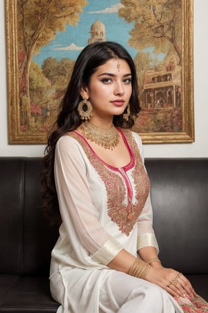 beautiful cute young attractive girl indian, teenage girl, village girl,18 year old,cute, instagram model,long black hair . Visualize a Pakistani woman dressed elegantly in a white shalwar kameez, seated gracefully in a lavish hotel lobby, her presence commanding attention, her chest subtly emphasized, adorned with intricate jewelry and dangling earrings, Artwork, acrylic painting on canvas, highlighting vibrant colors and intricate details, --ar 16:9 --v 5