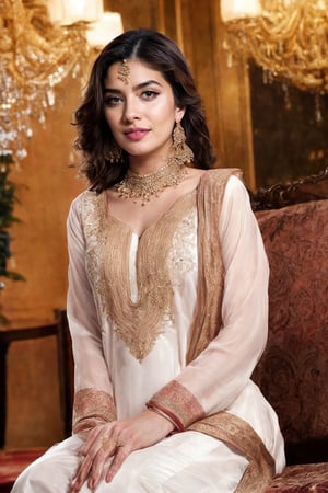 Picture a Pakistani woman dressed in a graceful white shalwar kameez, sitting serenely in a luxurious hotel lobby, her chest subtly accentuated, emanating confidence and poise, adorned with intricate jewelry and dangling earrings, Realistic digital painting, using high-resolution brushes to capture intricate details and textures, --ar 16:9 --v 5