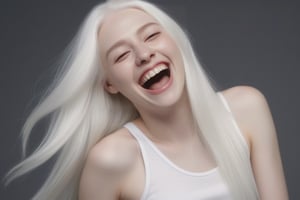 Beautiful porcelain pale skinned woman with super long  platinum blonde/white hair. she's laughing and having fun. she's wearing a thin white tanktop no bra, analog photograph, professional fashion photoshoot, hyperrealistic, masterpiece, trending on artstation,krrrsty. fun pose