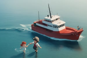 ponyo and Sosuke holding hands. sosuke is holding his green sand bucket in the other hand. they are standing on ponyos red and white tugboat in the water. 8k, anime, Hayao Miyazaki