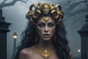 A stunning and fierce Medusa, adorned with intricate gold markings on her face and gold jewelry, stands tall in the eerie foggy cemetery at night, her serpentine hair writhing with power. dark tons, powerful, 8k, 