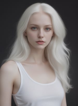 Beautiful porcelain pale skinned woman with super long  platinum blonde/white hair. she's wearing a thin white tanktop no bra, analog photograph, professional fashion photoshoot, hyperrealistic, masterpiece, trending on artstation,krrrsty