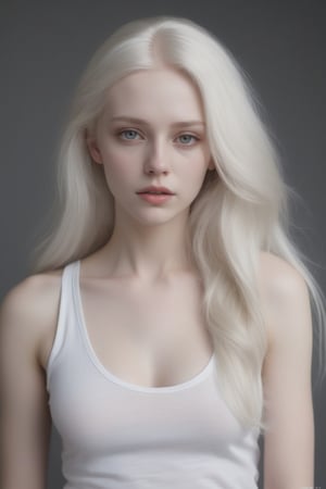 Beautiful porcelain pale skinned woman with super long  platinum blonde/white hair. she's wearing a thin white tanktop no bra, analog photograph, professional fashion photoshoot, hyperrealistic, masterpiece, trending on artstation,krrrsty