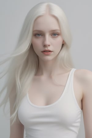 Beautiful porcelain pale skinned woman with super long  platinum blonde/white hair. she's wearing a thin white tanktop no bra, analog photograph, professional fashion photoshoot, hyperrealistic, masterpiece, trending on artstation,krrrsty