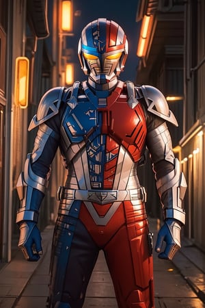 A solo metal hero stands confidently in a dimly lit, neon-lit alleyway, the body has a half red color and blue color. The hero's armor glistens under the faint glow of streetlights and distant cityscapes. A sleek, high-tech motorcycle leans against the wall behind him, its engine humming softly. The hero's pose is strong and assertive, fists clenched as he surveys his surroundings with a fearless gaze.,metalder